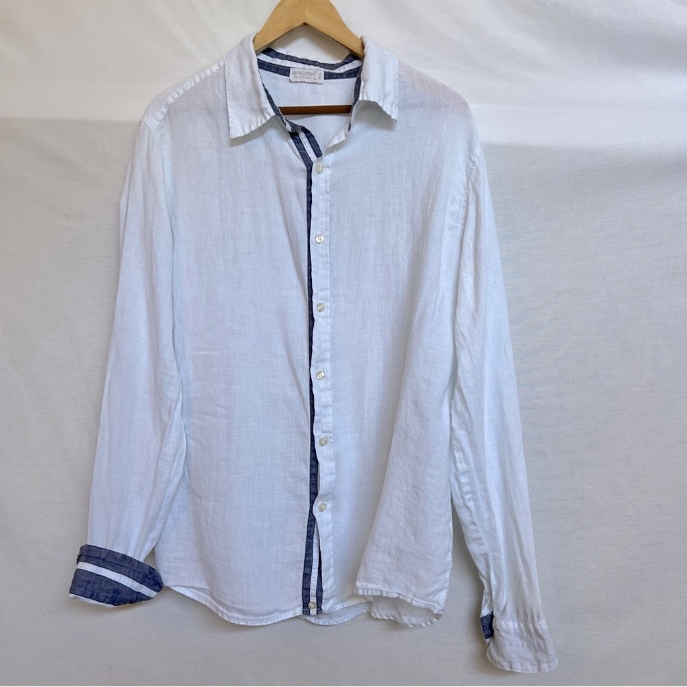 Haris Cotton the Collection Linen White Casual Button Down Shirt with Blue Trim